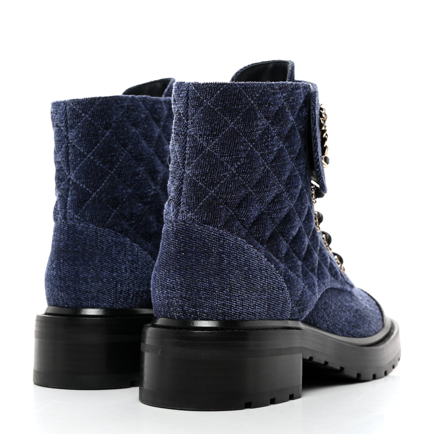 Denim Calfskin Quilted Lace Up Combat Boots 38.5 Blue
