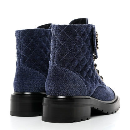 Chanel Denim Calfskin Quilted Lace Up Combat Boots 38.5 Blue 4 of 9