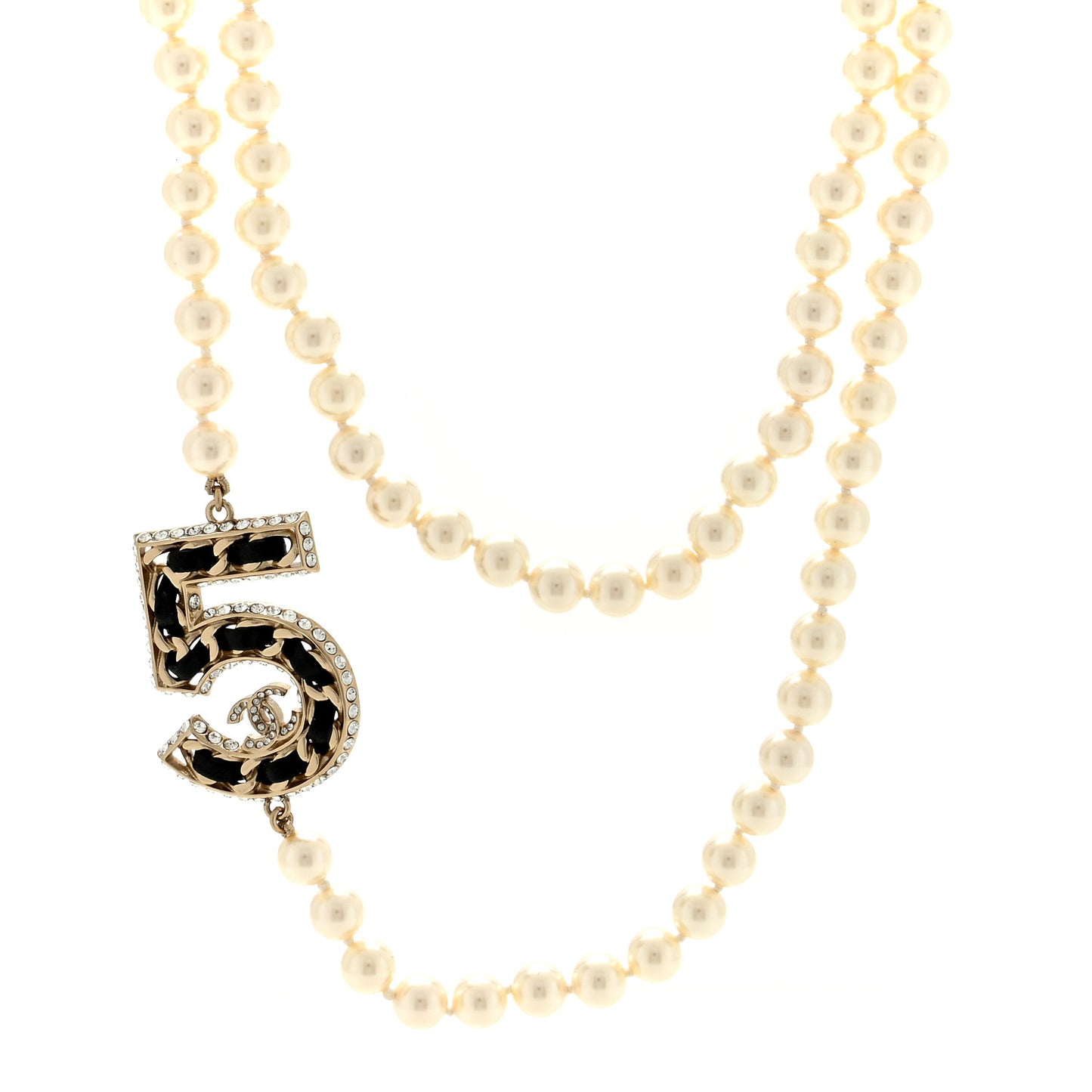 Pearl Crystal Lambskin Chain CC No 5 Long Necklace Gold