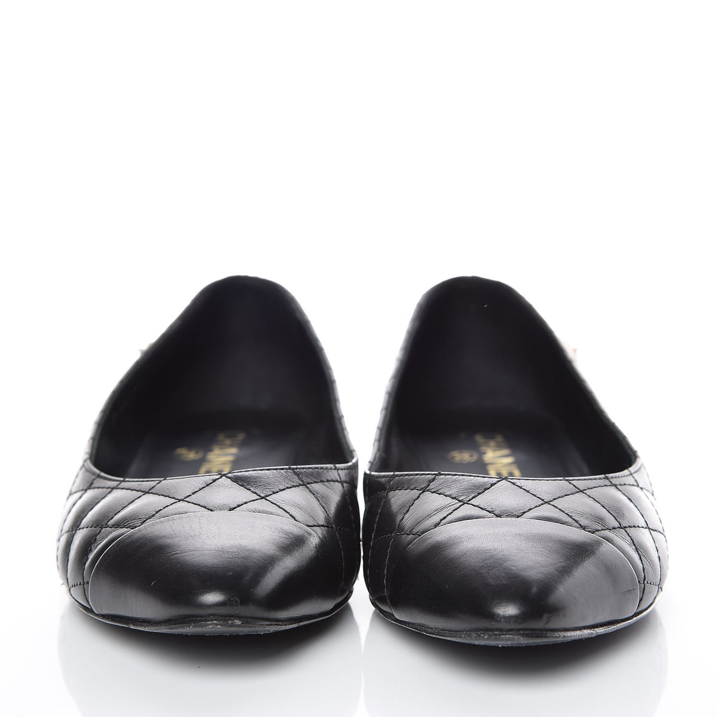 Aged Calfskin Quilted CC Cap Toe Ballerina Flats 37 Black