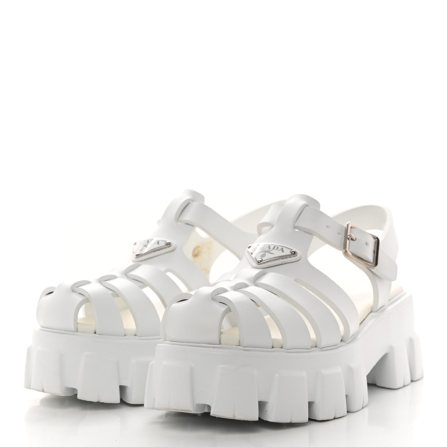Prada Foam Rubber Metal Triangle Logo Monolith 55mm Cage Sandals 38 White 3 of 9