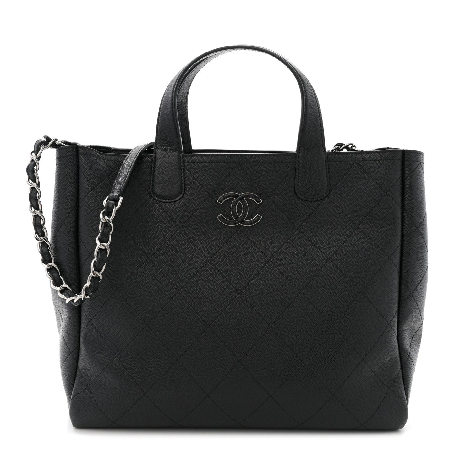 Caviar Stitched Medium Lady Coco Shopping Tote Black