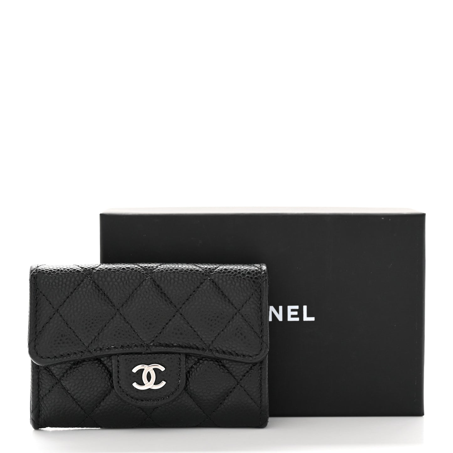 Caviar Quilted Flap Card Holder Wallet Black