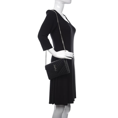 Saint Laurent Grain De Poudre Matelasse Chevron Monogram Chain Wallet Black 2 of 11