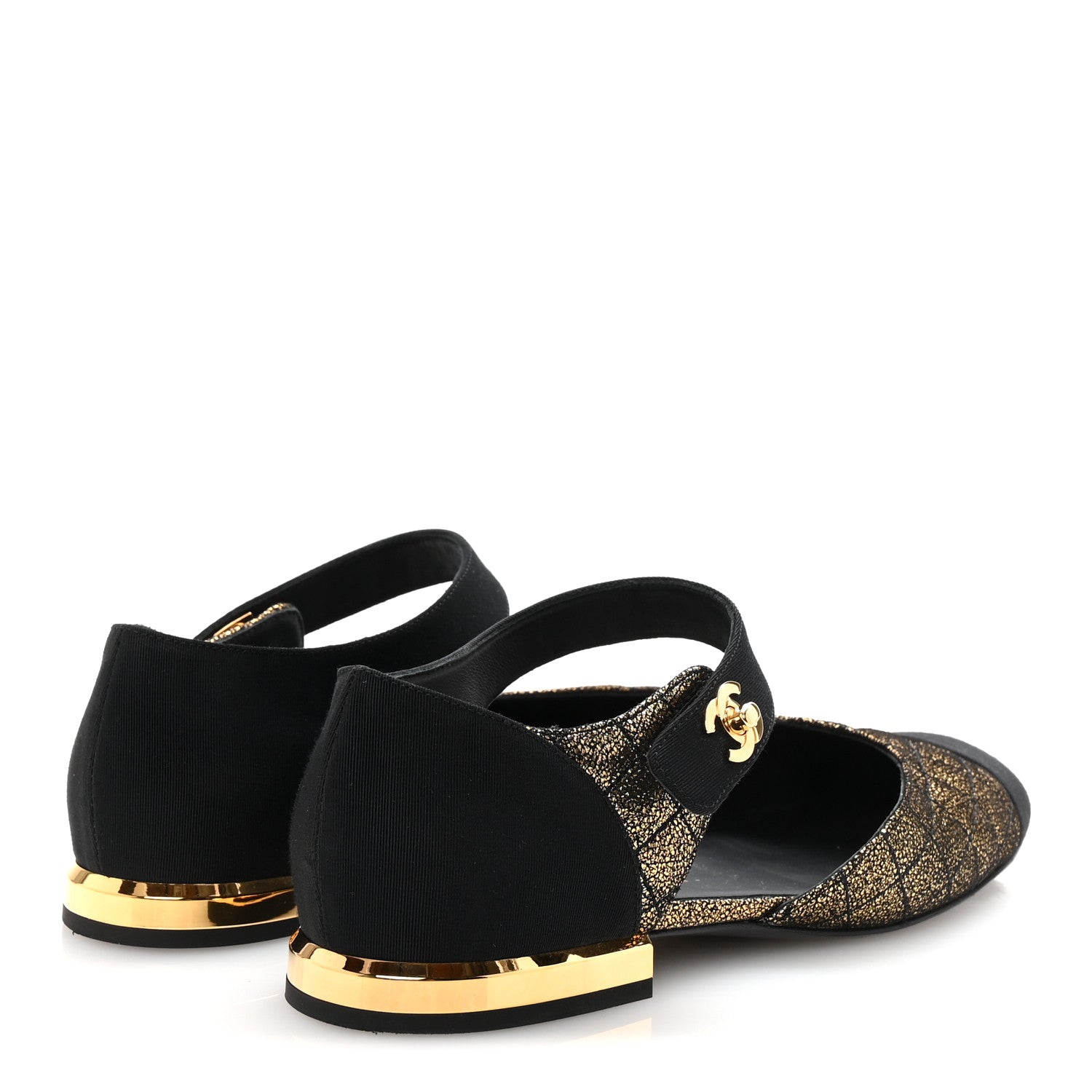 Chanel Laminated Suede Kidskin Grosgrain Quilted Cap Toe Ballerina Flats 37.5 Gold Black 5 of 10