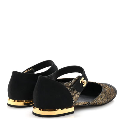 Chanel Laminated Suede Kidskin Grosgrain Quilted Cap Toe Ballerina Flats 37.5 Gold Black 5 of 10