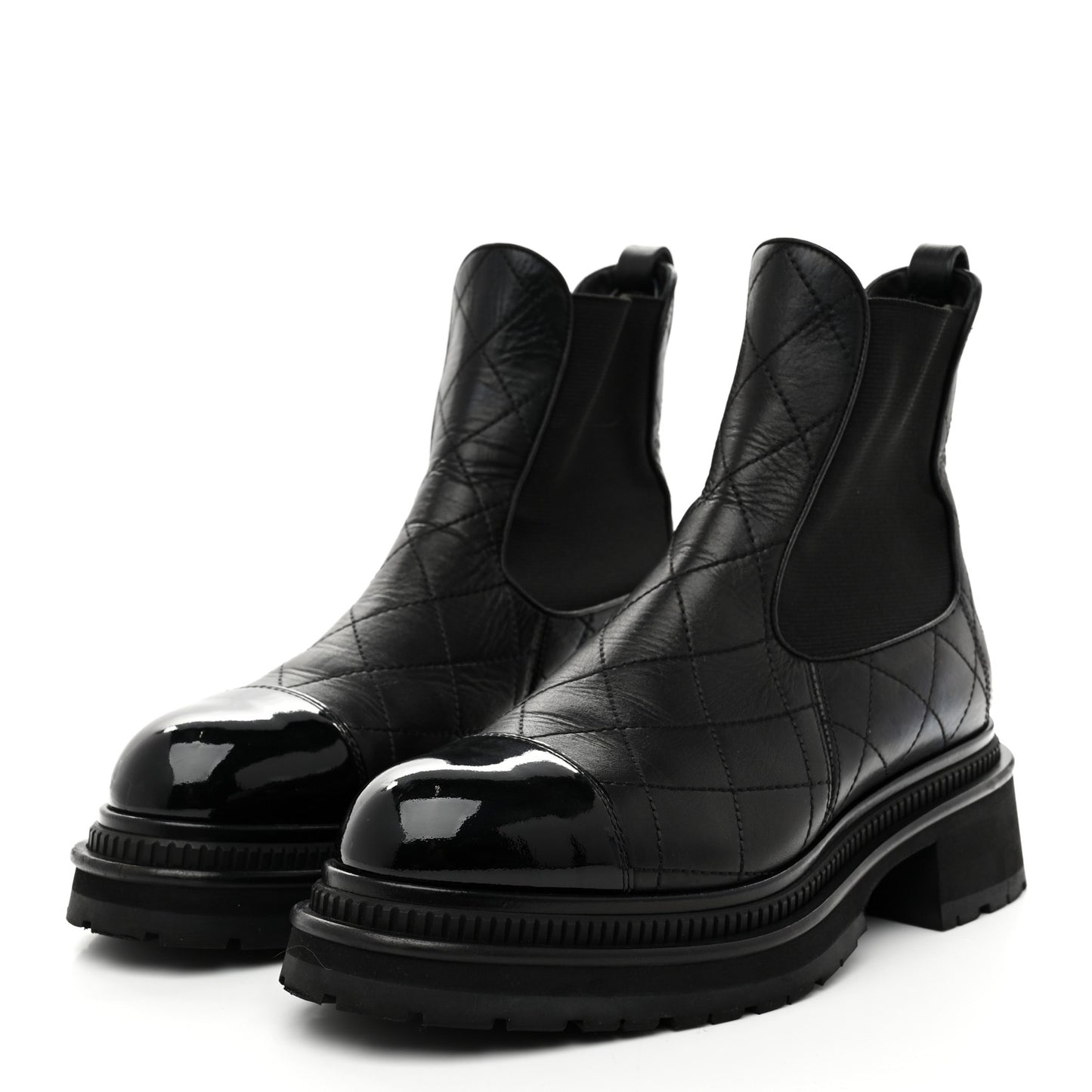 Calfskin Patent Cap Toe Quilted Short Boots 39 Black