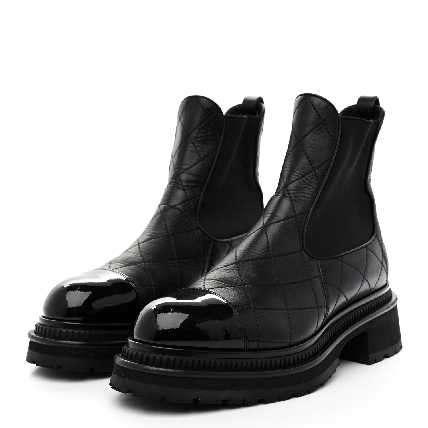 Chanel Calfskin Patent Cap Toe Quilted Short Boots 39 Black 4 of 9