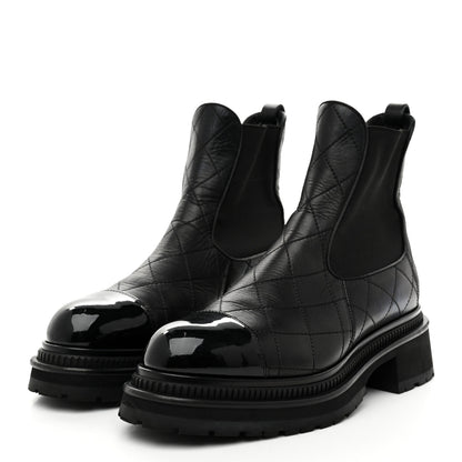 Chanel Calfskin Patent Cap Toe Quilted Short Boots 39 Black 4 of 9