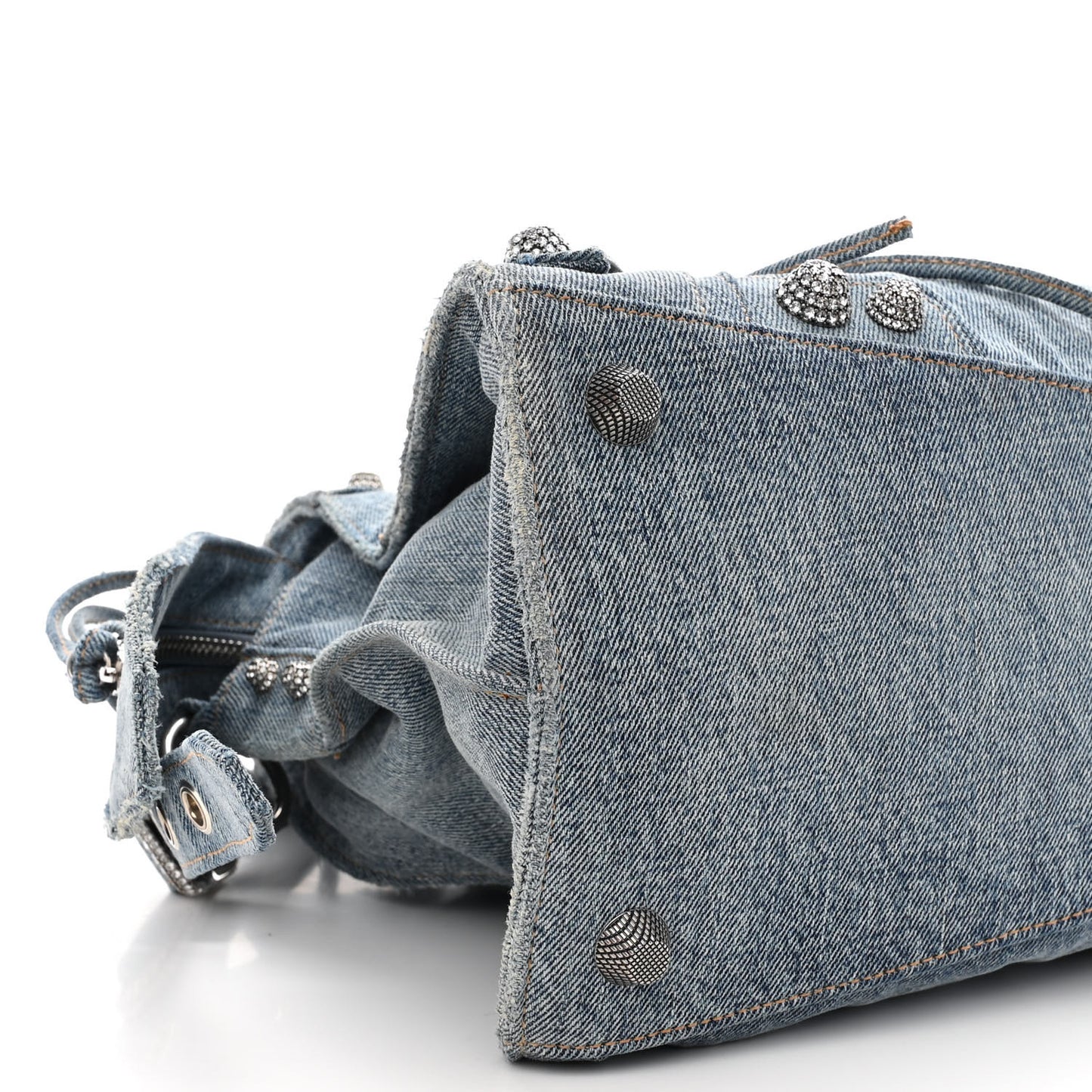 Washed Frayed Denim Crystal Neo Cagole City Handbag Blue