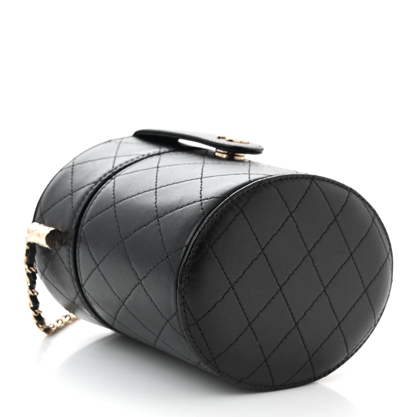 Lambskin Quilted Round Vanity Case With Chain Black
