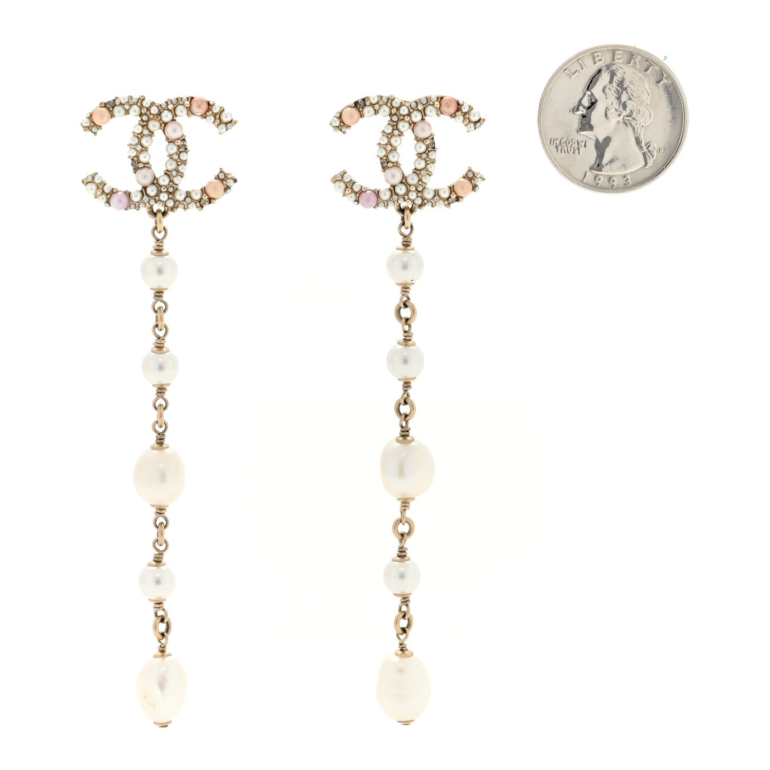Chanel Pearl Crystal CC Charm Drop Earrings Gold Pink Pearly White 2 of 4