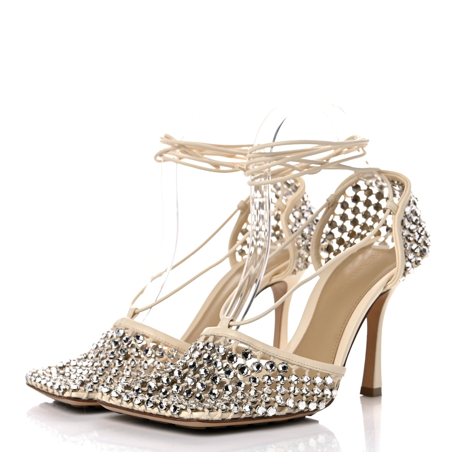 Mesh Nappa Crystal Embellished Sparkle Stretch Ankle Tie Sandals 40 Toile