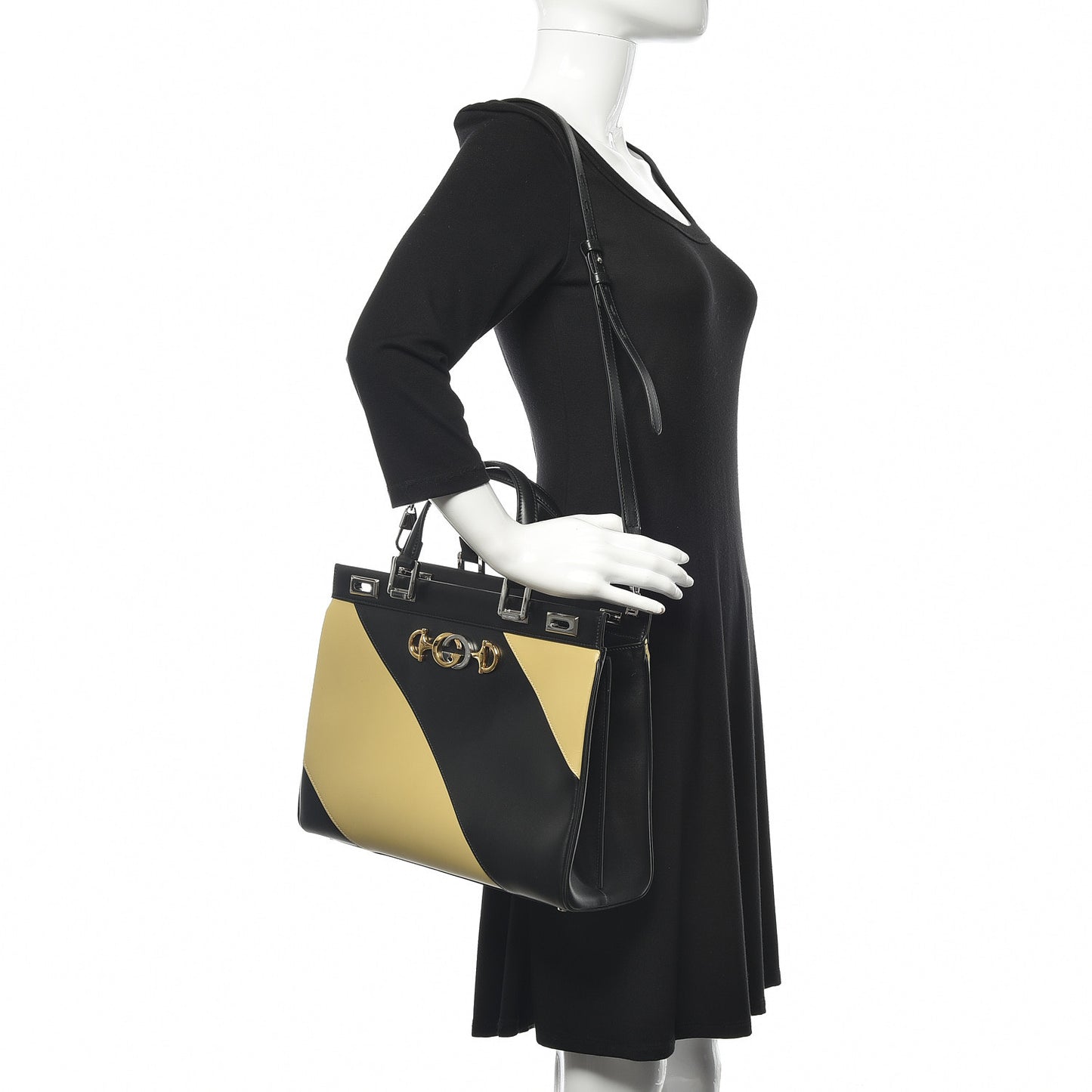 Smooth Calfskin Diagonal Striped Medium Zumi Top Handle Bag Black Beige
