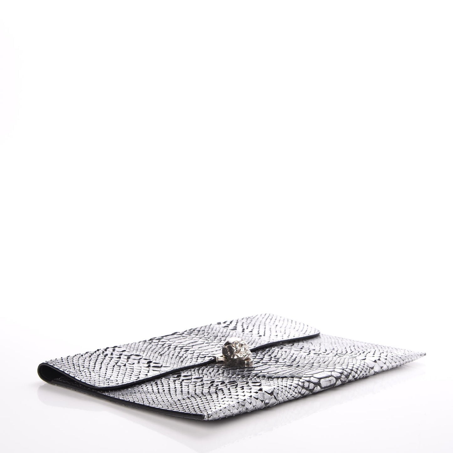 Metallic Python Embossed Skull Envelope Clutch Silver