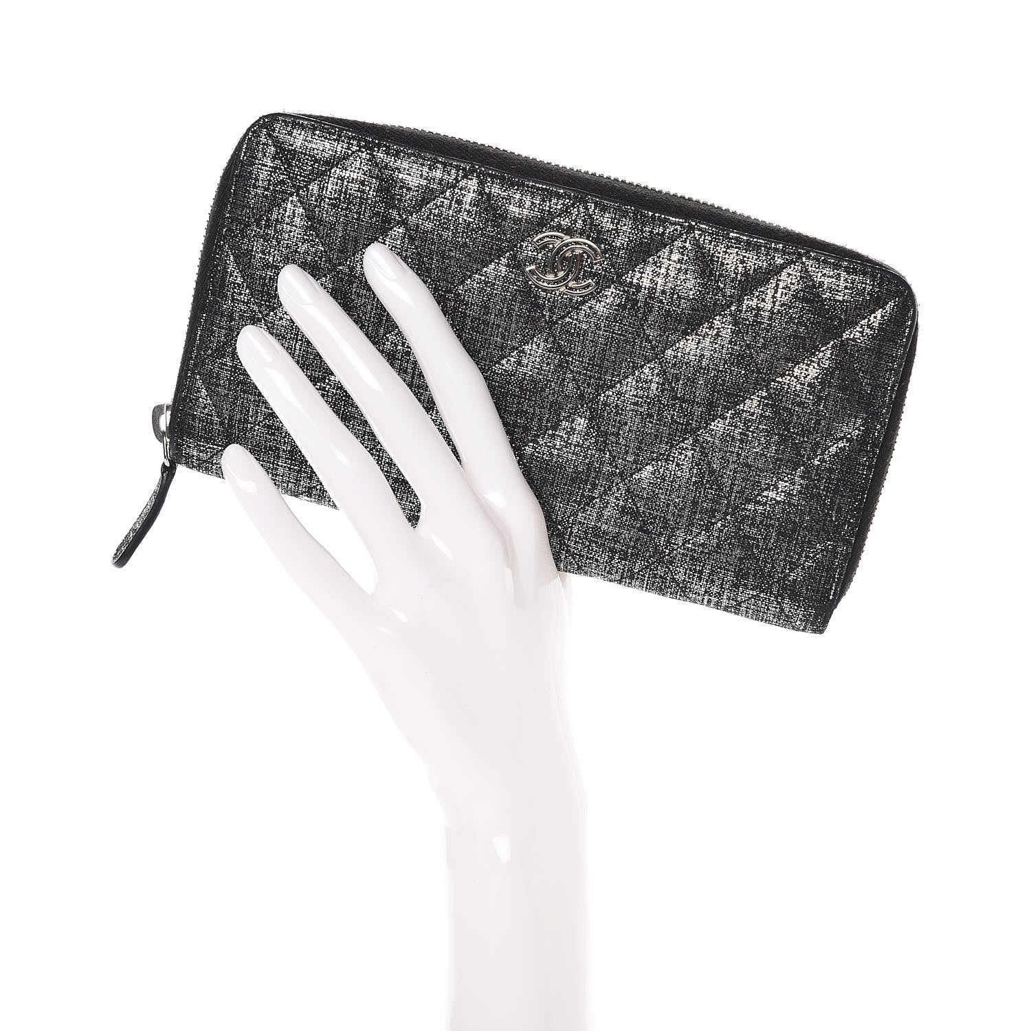 Chanel Metallic Fabric Quilted Zip Around Wallet Silver Black 2 of 8