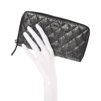 Chanel Metallic Fabric Quilted Zip Around Wallet Silver Black 2 of 8