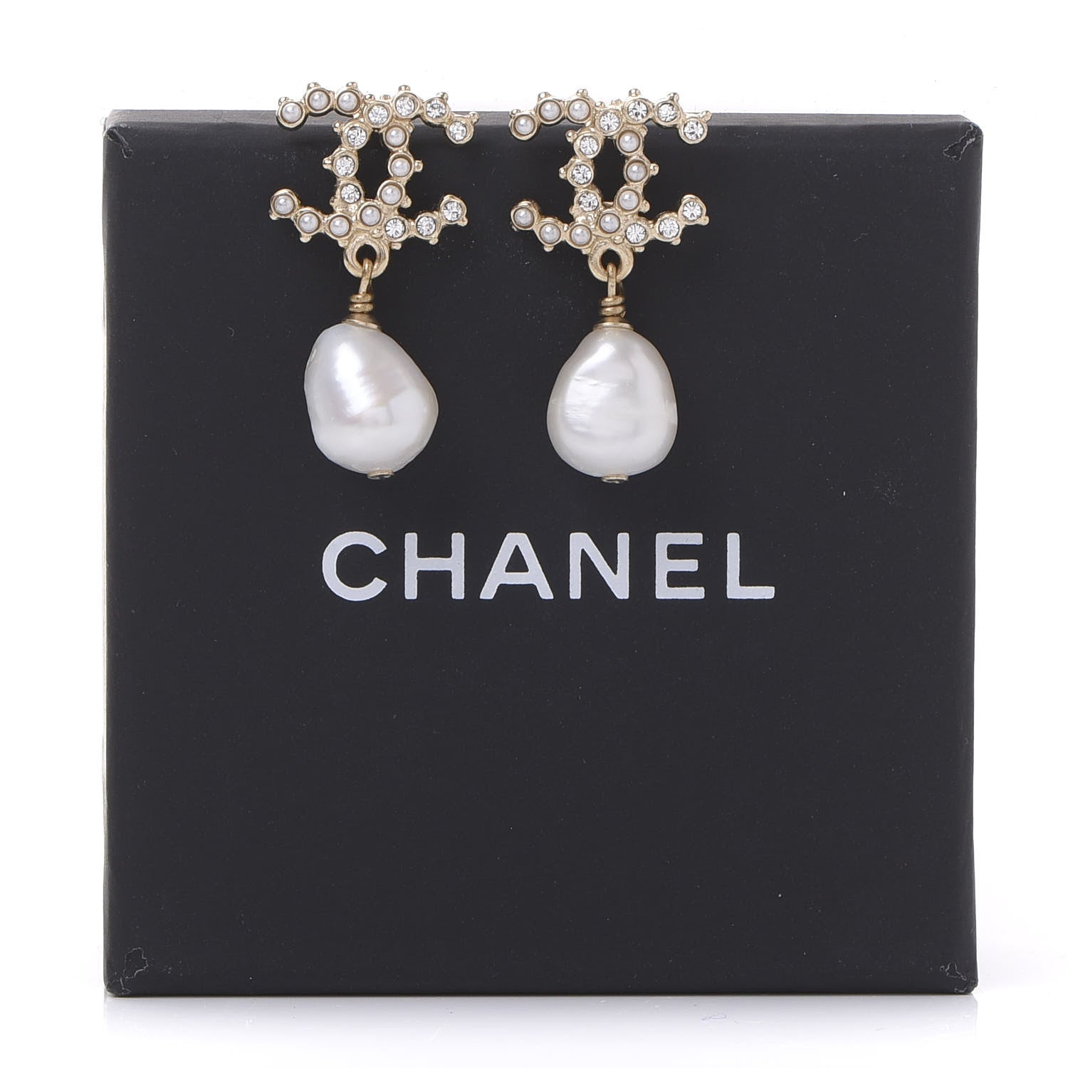 Chanel Pearl Crystal CC Drop Earrings Gold Pearly White 5 of 5