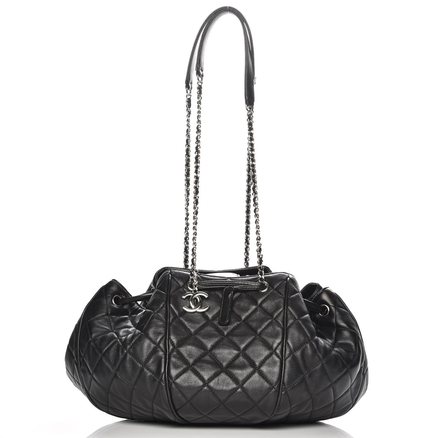 Calfskin Quilted Drawstring Sac Cordon Bag Black