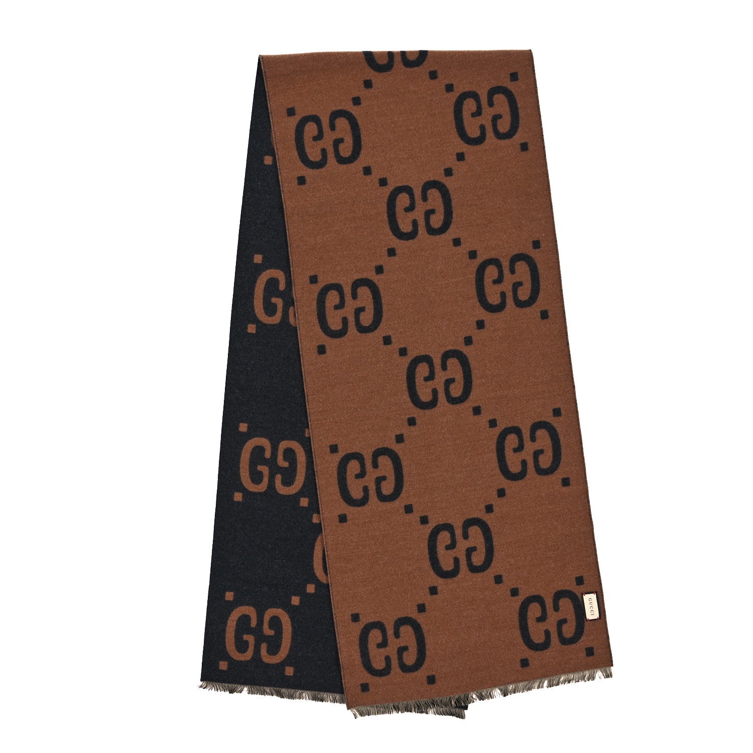 Gucci Wool Silk Monogram Jumbo GG Freedom Scarf Dark Brown Beige 2 of 3