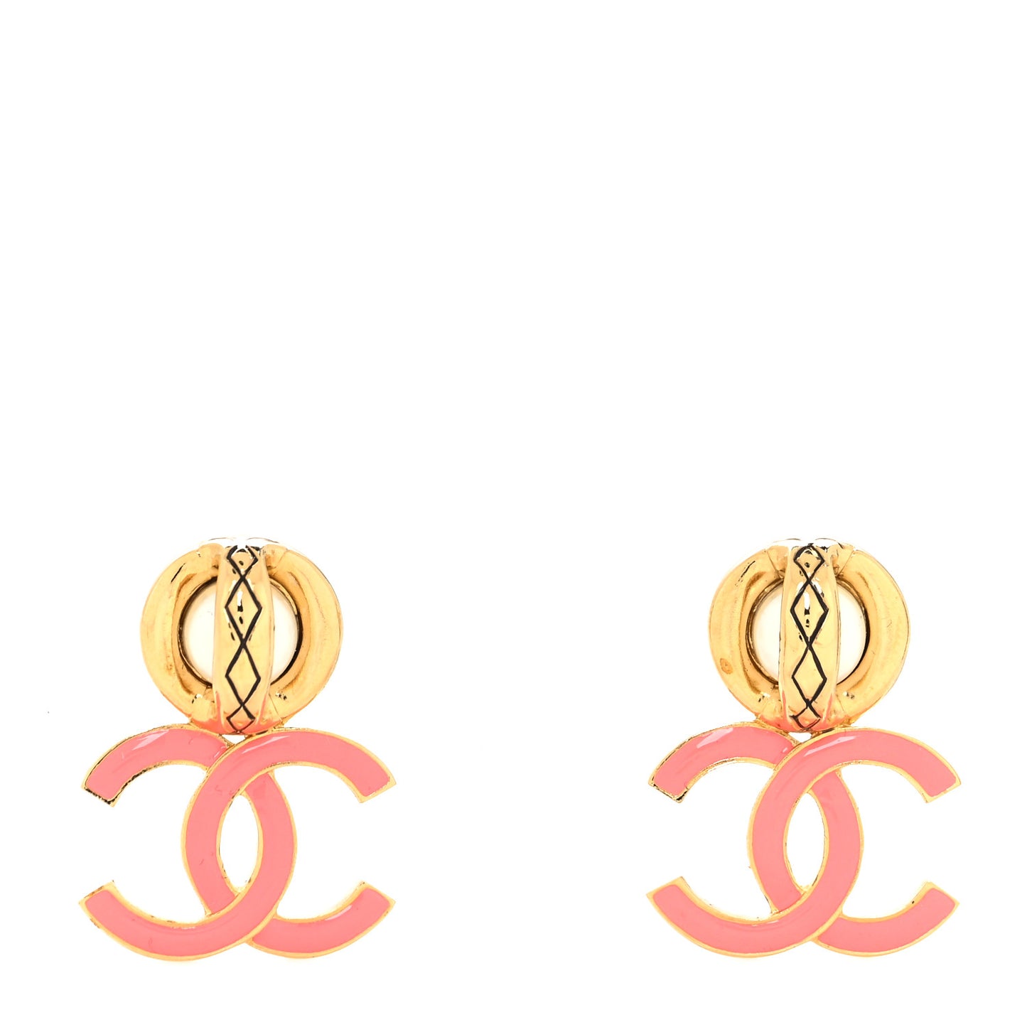 Metal Enamel Pearl CC Drop Earrings Gold Pink