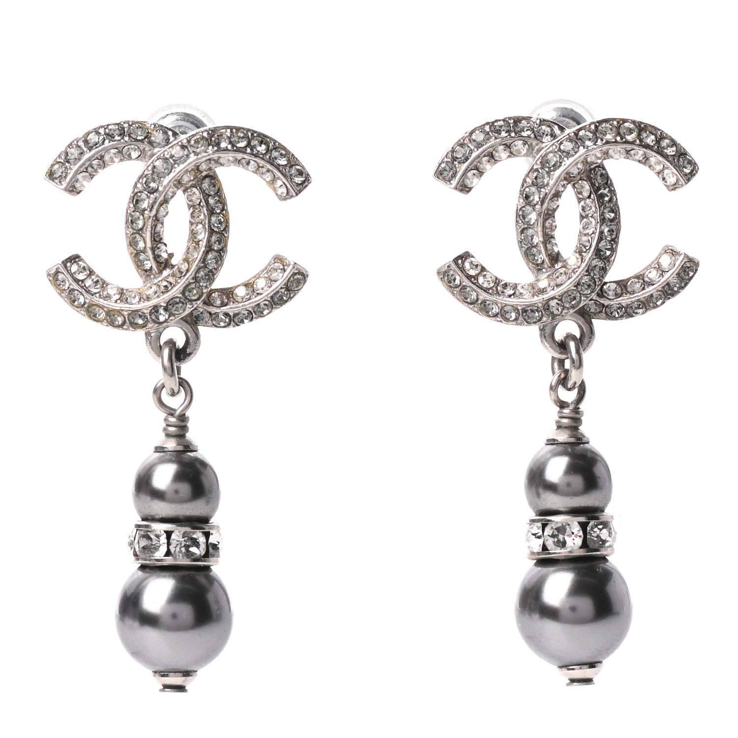 Chanel Crystal Pearl CC Drop Earrings Silver Grey 1 of 5