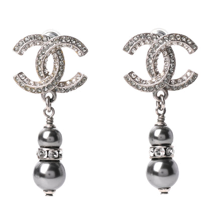 Chanel Crystal Pearl CC Drop Earrings Silver Grey 1 of 5
