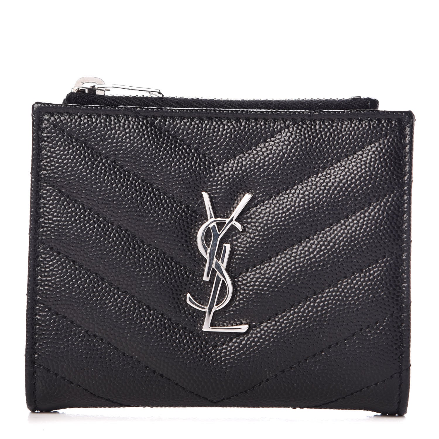 Saint Laurent Grain De Poudre Matelasse Chevron Monogram Zipped Card Case Black 1 of 6