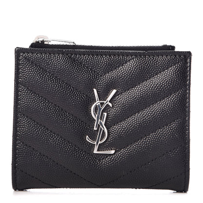 Saint Laurent Grain De Poudre Matelasse Chevron Monogram Zipped Card Case Black 1 of 6