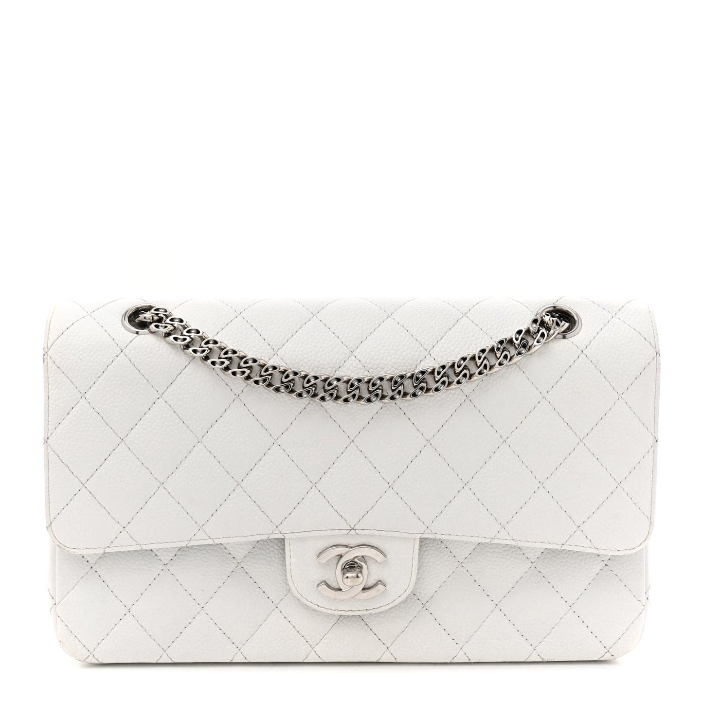 Caviar Quilted Medium Double Flap Bijoux Chain White
