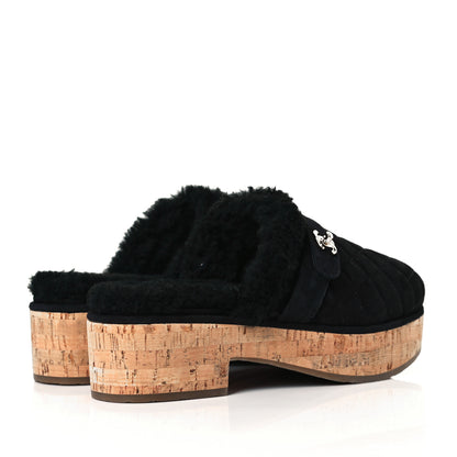 Chanel Suede Calfskin Shearling Turn Lock Clogs 39 Black 3 of 19