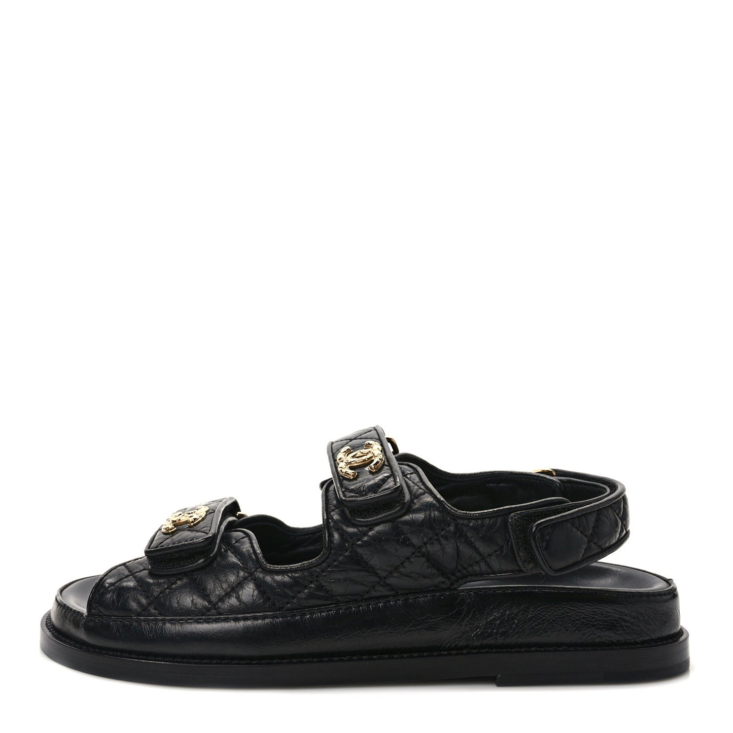 Crumpled Shiny Lambskin Velcro Dad Sandals 37.5 Black