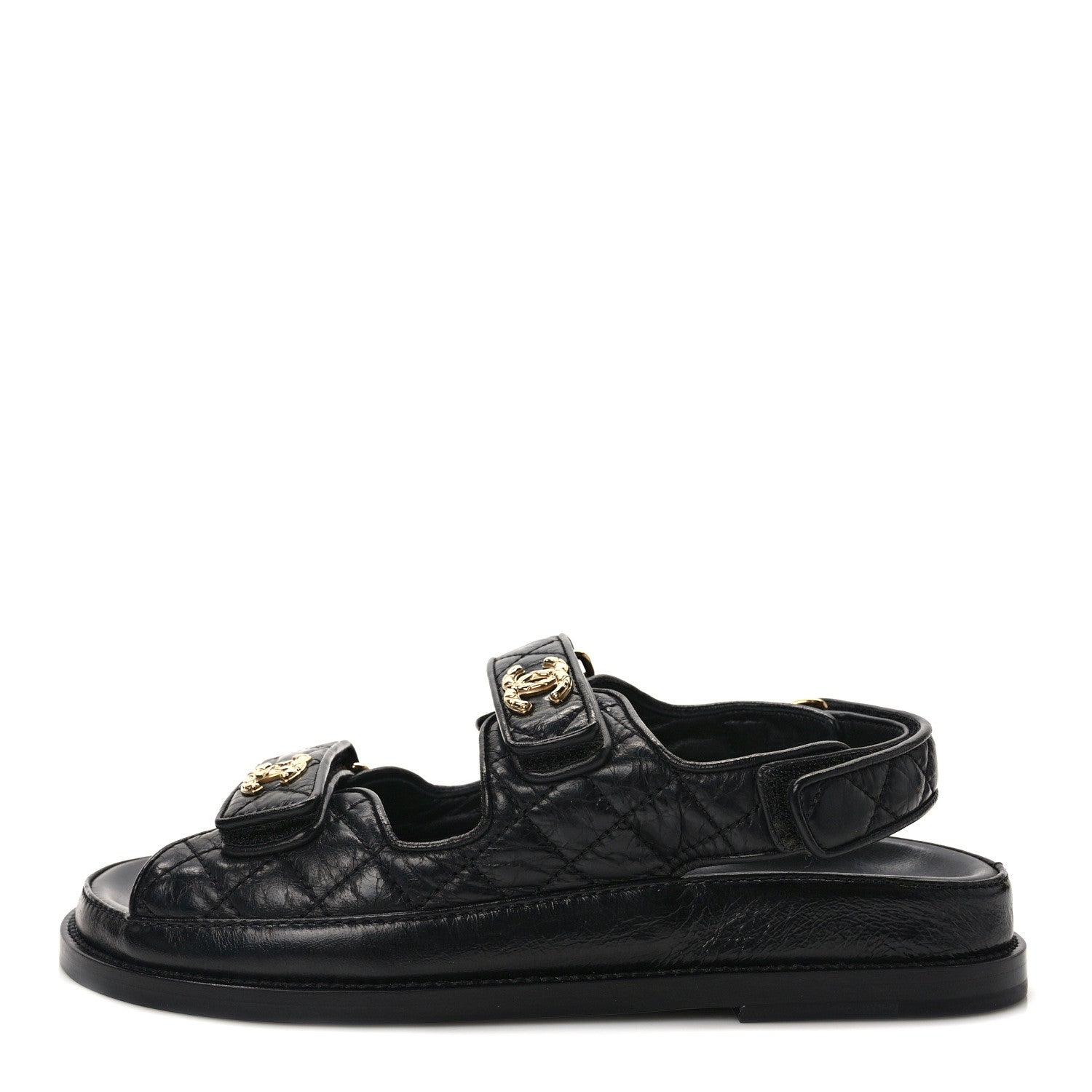 Chanel Crumpled Shiny Lambskin Velcro Dad Sandals 37.5 Black 1 of 8