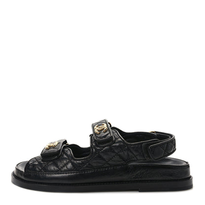 Chanel Crumpled Shiny Lambskin Velcro Dad Sandals 37.5 Black 1 of 8