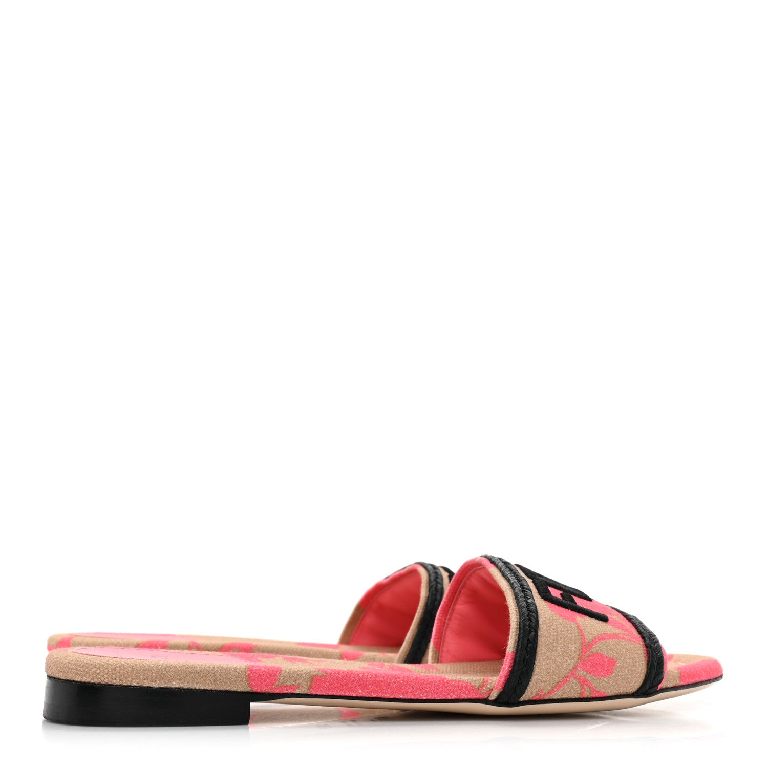 Fendi Canvas Rose Logo Embroidered Flat Slide Sandals 38.5 Kissed Black 4 of 7
