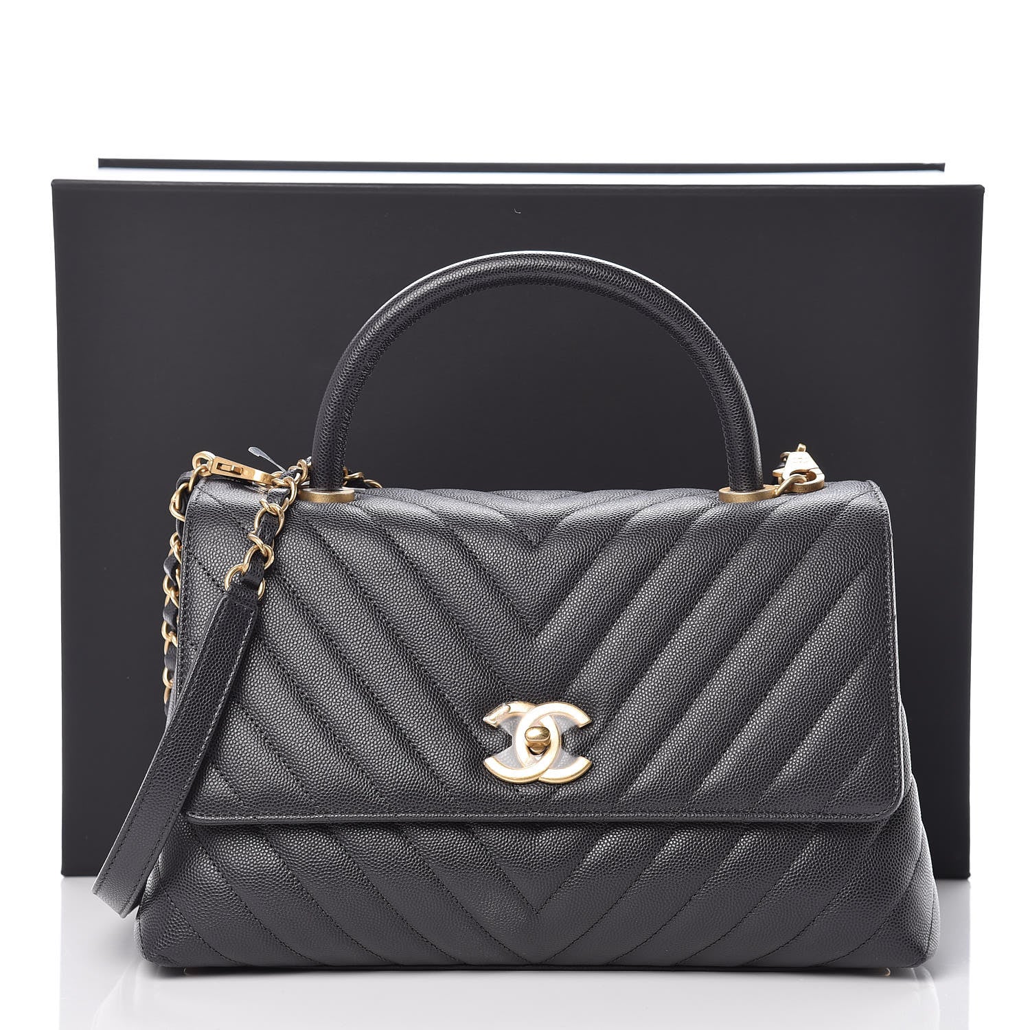 Chanel Caviar Chevron Quilted Small Coco Handle Flap Dark Grey 11 of 11