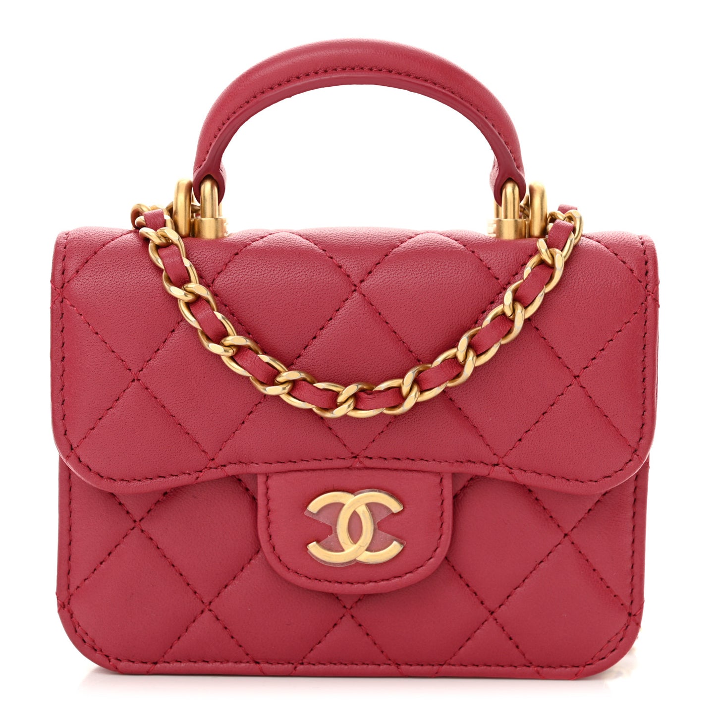 Lambskin Quilted Top Handle Flap Coin Purse With Chain Dark Pink
