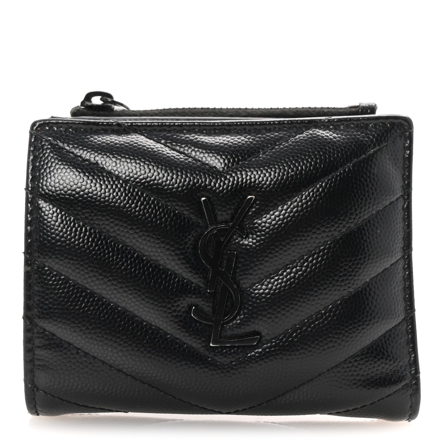 Saint Laurent Grain De Poudre Matelasse Chevron Monogram Zipped Card Case Black 1 of 7