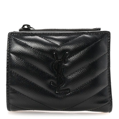 Saint Laurent Grain De Poudre Matelasse Chevron Monogram Zipped Card Case Black 1 of 7