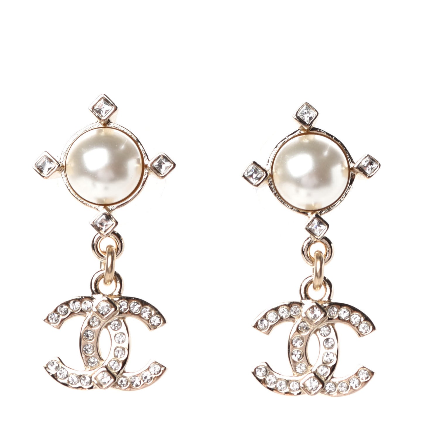 Crystal Pearl CC Drop Earrings Gold