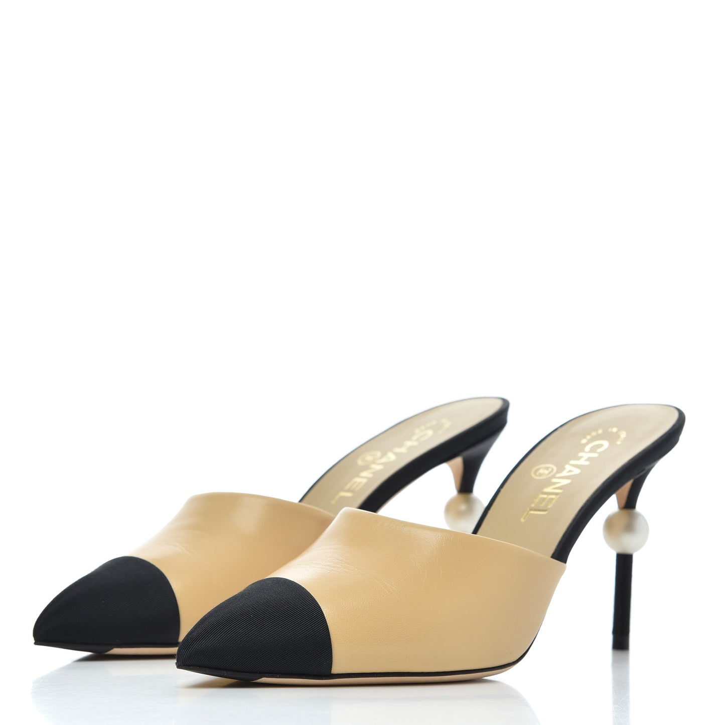 Goatskin Grosgrain Cap Toe Pearl Mule 39 Beige Black