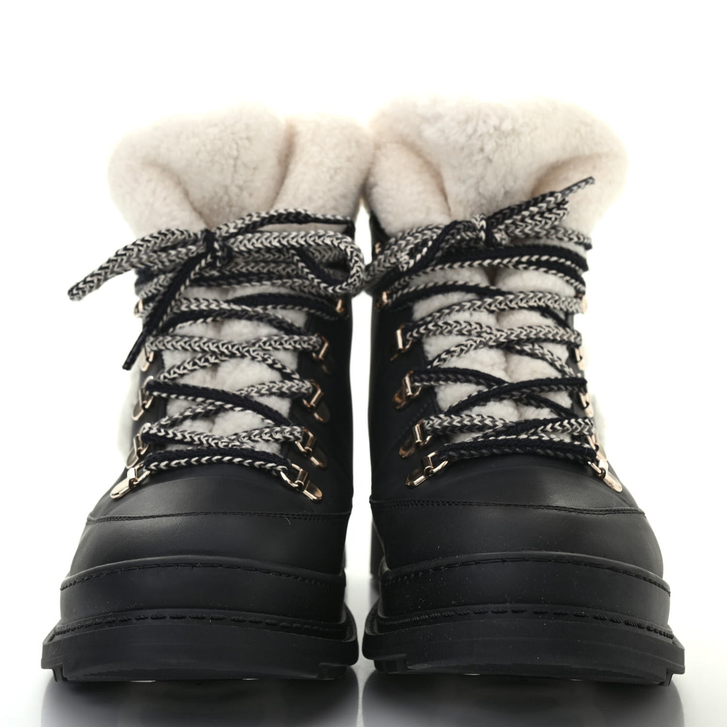 Calfskin Shearling CC Lace Up Boots 39 Black White