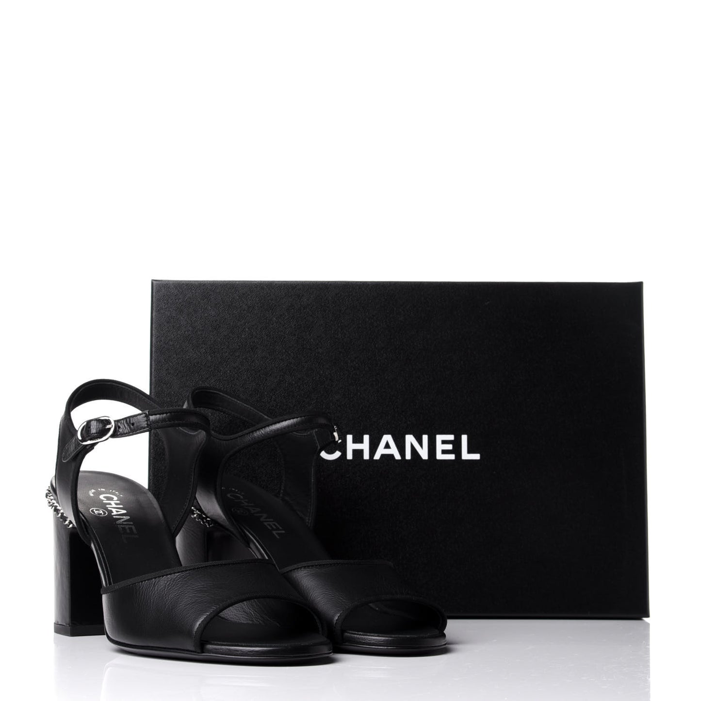 Calfskin Chain CC Sandals 38.5 Black