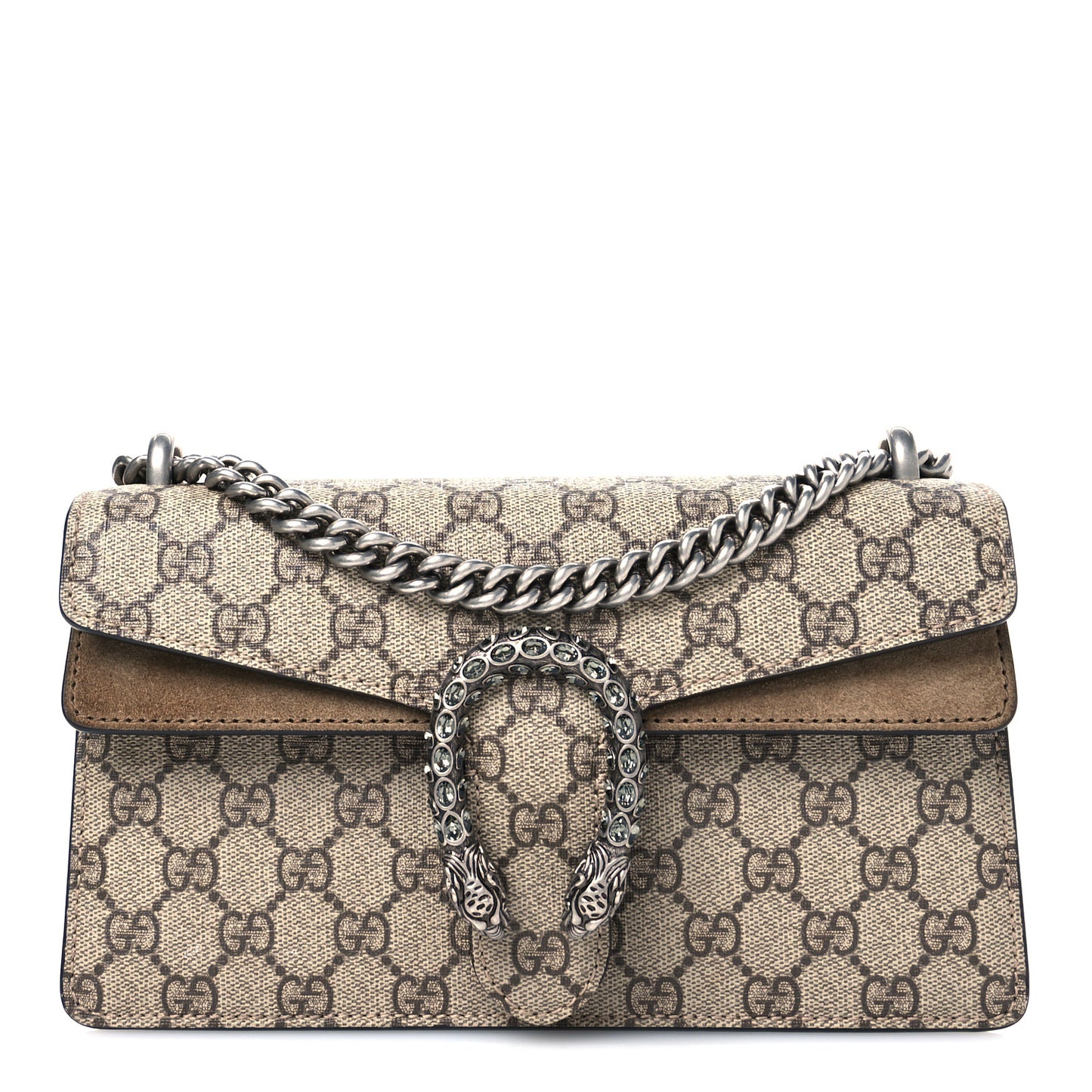 GG Supreme Monogram Suede Crystal Small Dionysus Shoulder Bag Beige Ebony Taupe