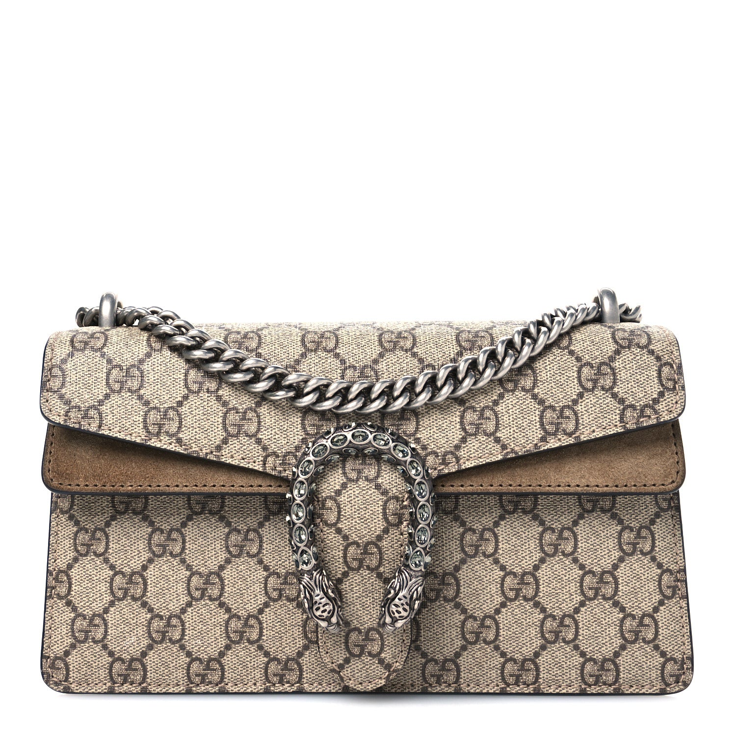 Gucci GG Supreme Monogram Suede Crystal Small Dionysus Shoulder Bag Beige Ebony Taupe 7 of 10