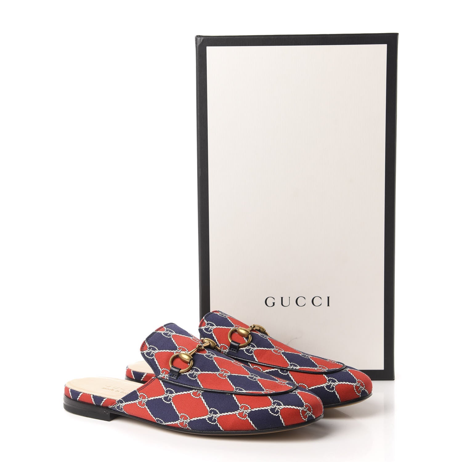 Gucci Mini GG Rhombus Chain Mens Princetown Slippers 5.5 Royal Bleuett Red 10 of 10