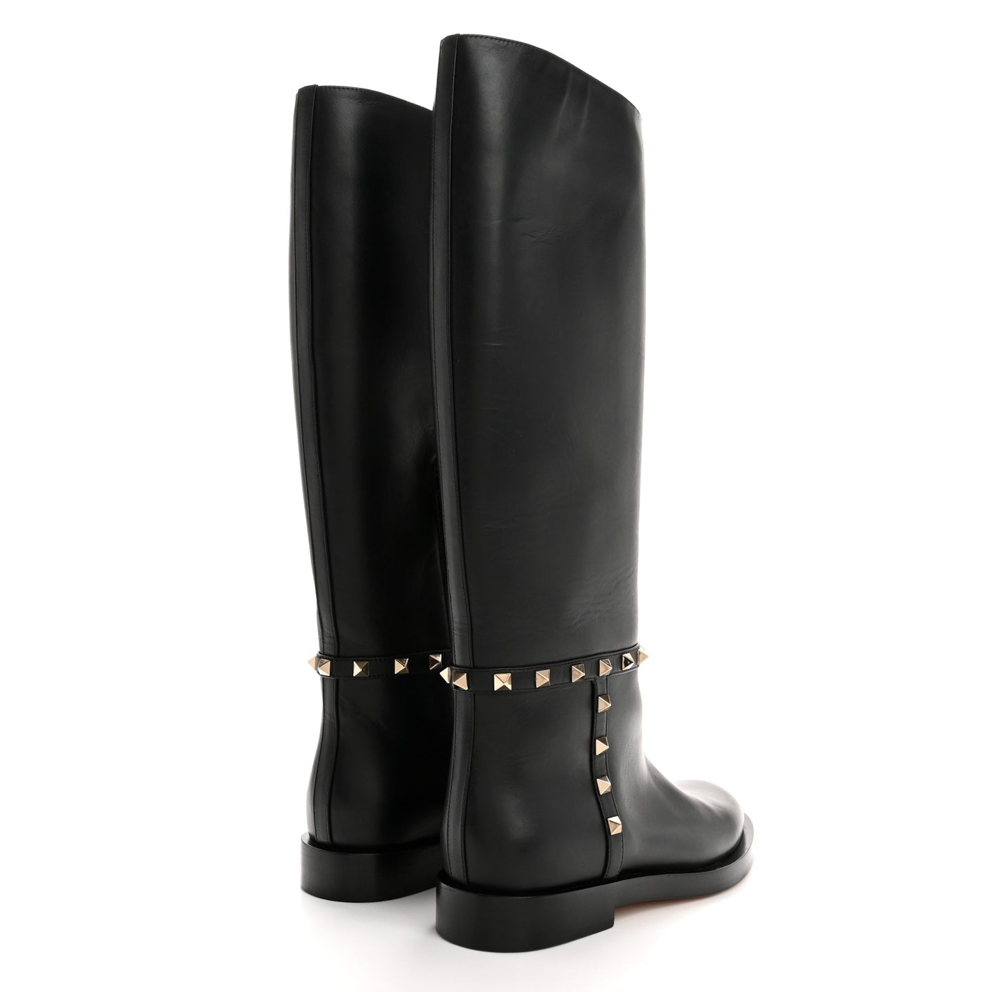 Calfskin Rockstud Knee High Flat Boots 36 Black