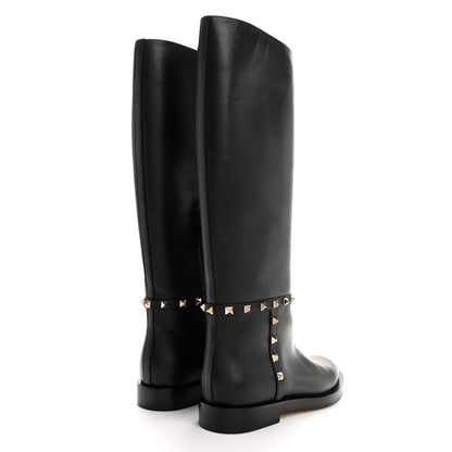 Valentino Garavani Calfskin Rockstud Knee High Flat Boots 36 Black 4 of 10