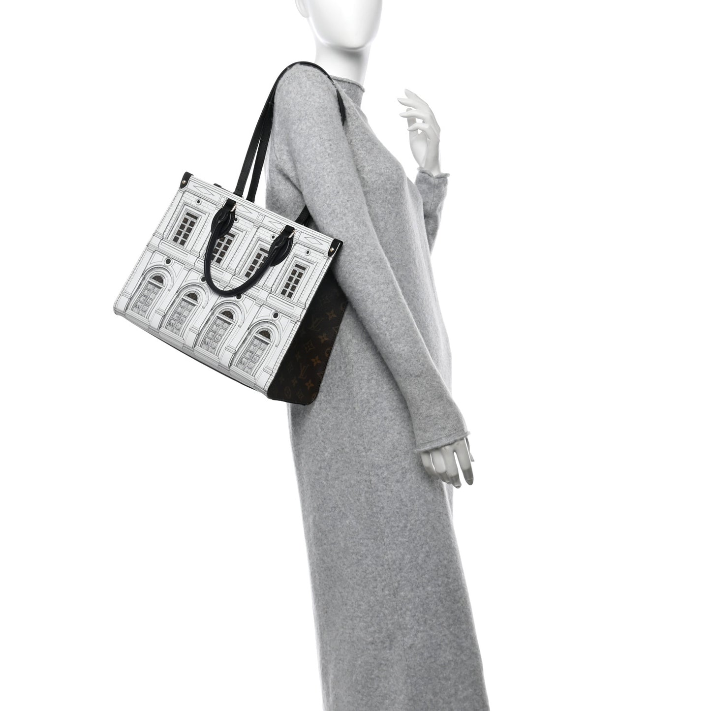 X FORNASETTI Calfskin Architettura Onthego MM Black White