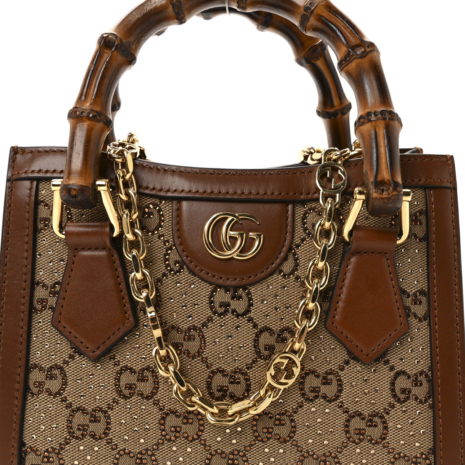 Gucci New Canvas Charisma Calfskin Crystal GG Monogram Mini Diana Tote Bag Camel Ebony 7 of 9